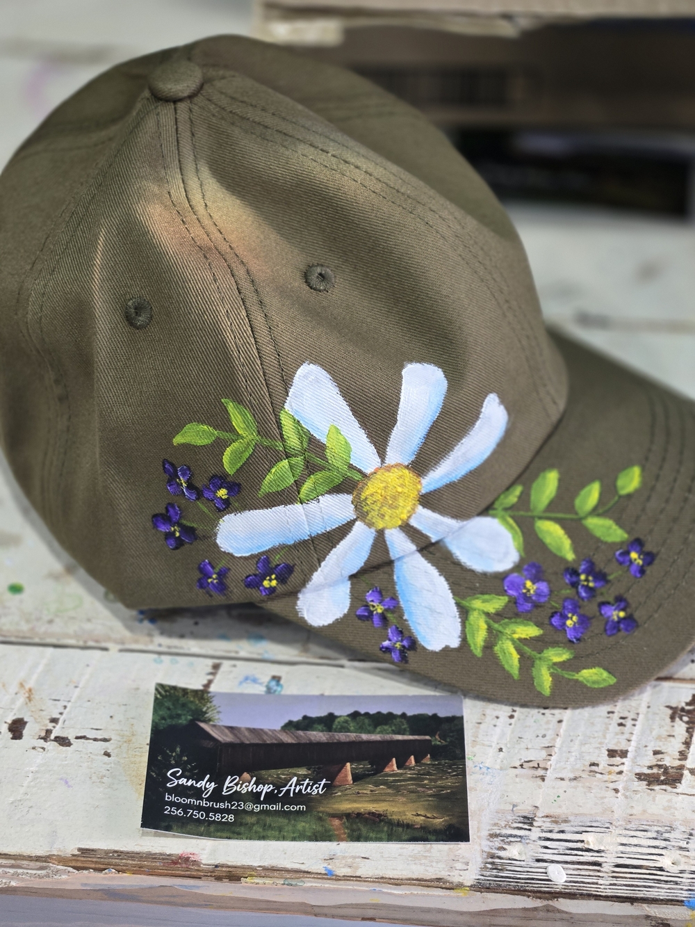 Hand-Painted Olive Womens OS Cap with White Daisy and Purple Florals NWOT